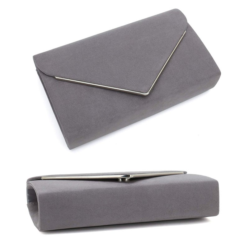 CHARMING TAILOR Faux Suede Clutch Bag Elegant Metal Binding Evening Purse for Wedding/Prom/Black-Tie Events (Grey) - Image 5